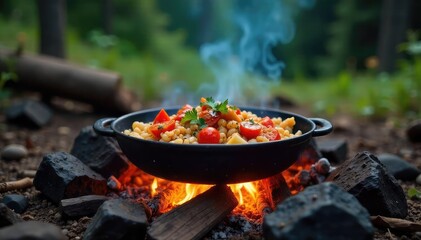 Delicious campfire-cooked meal sizzling over glowing embers, surrounded by rustic wilderness scenery Perfect for outdoor cooking, camping, and adventure themes , hot, summer, scenic