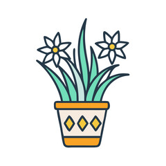 Illustration of potted plant with flowers in simple colorful design against black background