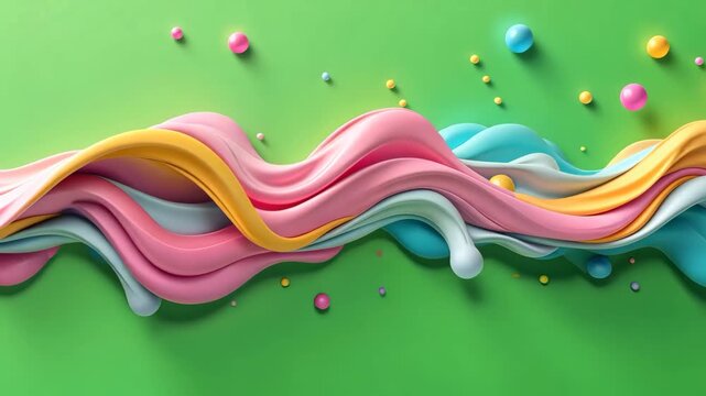 Colorful abstract flowing slime with spheres on green background for creative videos