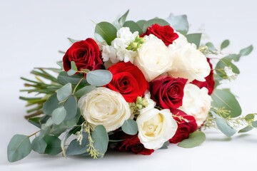 Elegant bridal bouquet of red and white roses with eucalyptus accents.