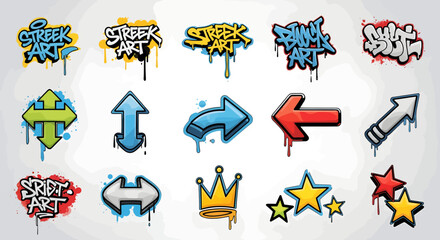 Vibrant street art icons and graphic graffiti elements for urban design with a modern, edgy style © Muflif