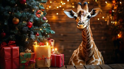 Holiday giraffe tree next to colorful presents and gentle candlelight