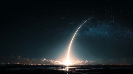 Successful rocket launch rocket launch to the space with dazzling light new space shuttle with a light trail glides into the wonderful starry sky beginning a space mission and.