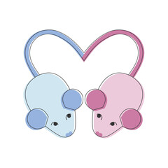 Toy mice in love. Two cute toy mice form a heart with their tails. Vector illustration.