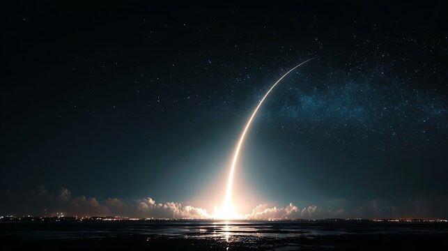 Successful rocket launch rocket launch to the space with dazzling light new space shuttle with a light trail glides into the wonderful starry sky beginning a space mission and.