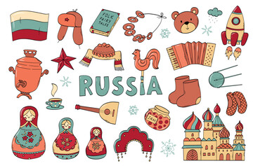 Russia and Russian culture themed doodles, cartoon elements, clipart collection for stickers, prints, social media decor, cards, icons, etc. EPS 10