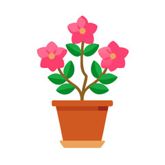 Stylized Potted Flower Plant with Pink Blooms and Green Leaves on Black Background