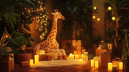 Candlelit giraffe tree with bright packages in warm living environment
