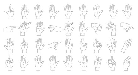 Diverse hand gestures in line art showing communication, expression, and various actions