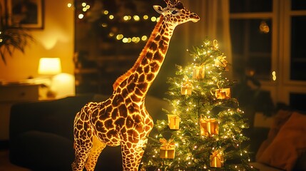 Candlelit giraffe tree with bright packages in warm living environment