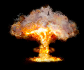 Explosion with fire and smoke on black background. Radioactive hazard