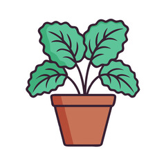 Cartoon houseplant in terracotta pot with dark outline and black background.