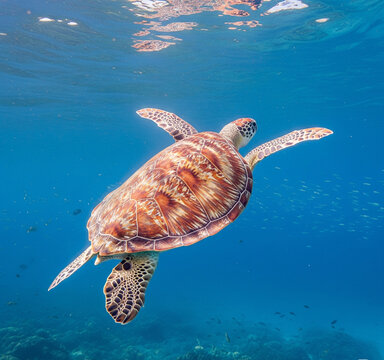 Green sea turtle swimming over vibrant coral reef in clear blue tropical ocean water