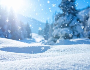 A serene winter landscape featuring falling snowflakes, bright sunlight, and a blanket of snow covering the ground and trees.
