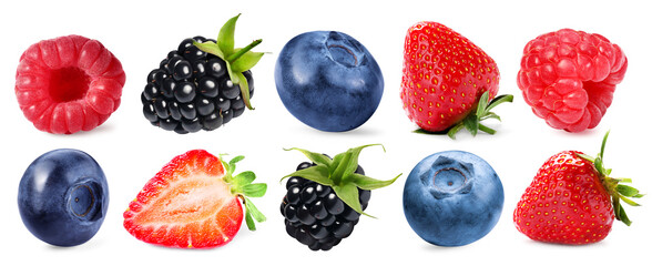 Various berries and green leaves isolated on white, set