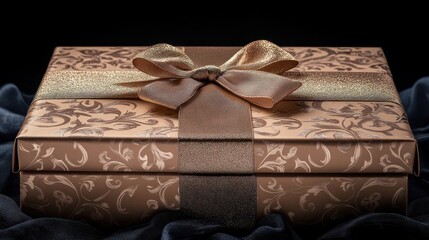 Elegant Brown Gift Box with Gold Ribbon on Dark Background