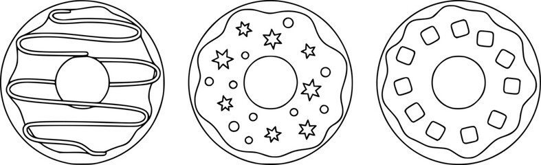 Three outlined donuts with different toppings sweet food