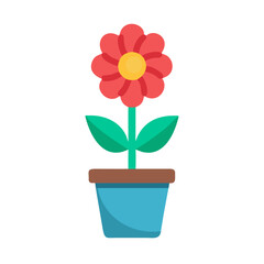 Stylized red flower in blue pot illustration on black background for spring concepts
