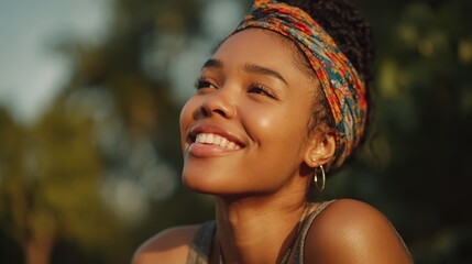 portrait of beautiful african american woman smiling and looking away at park during sunset outdoor portrait of a smiling black girl happy cheerful girl laughing at park with colored hair band no log