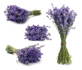 Bunches of lavender flowers isolated on white, set