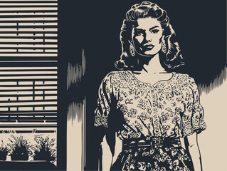 A mysterious woman in a vintage film noir style. A high-contrast, dramatic vector illustration of a character standing by a window with blinds.