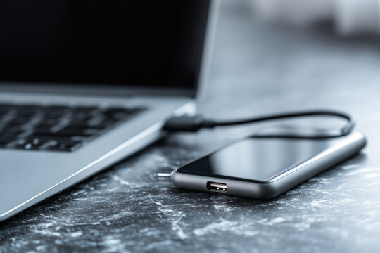 A close-up of a charging laptop and smartphone, symbolizing the essential tech infrastructure for distance learning.