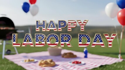 Happy Labor Day Picnic Scene with Balloons and Grill