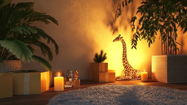 Warm room with giraffe style evergreen and candle burning next to boxes