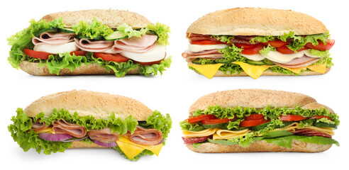 Many tasty sandwiches isolated on white, set