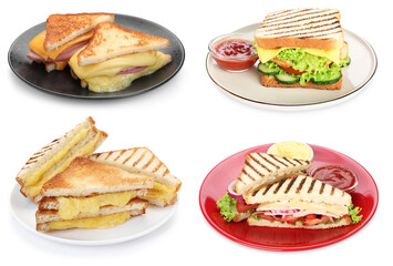 Many tasty sandwiches isolated on white, set