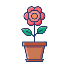 Potted Flower Graphic with Pink Petals and Green Leaves on Black Backdrop