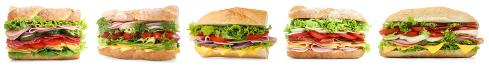 Many tasty sandwiches isolated on white, set