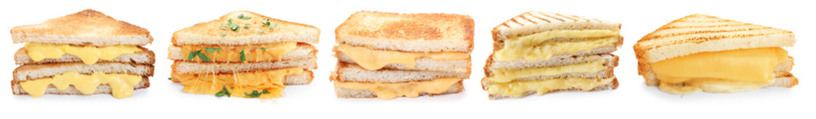 Tasty sandwiches with cheese isolated on white, set