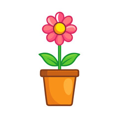 Obraz premium Cheerful pink cartoon flower with yellow center in orange pot illustration