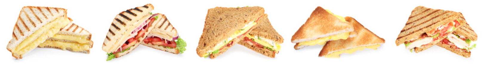 Many tasty sandwiches isolated on white, set