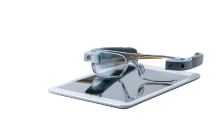 Augmented Reality Glasses, E-Books, and Floating Tablets in Futuristic Digital Environment on Transparent Background