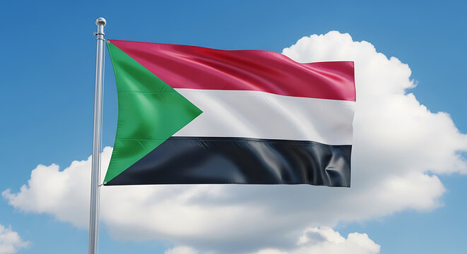 Waving Flag of Sudan against a Blue Sky with Clouds