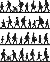 Silhouettes of families and children walking together, parenting, stroller pushing, outdoor activity, urban lifestyle, vector people illustration design