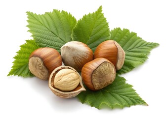 Five Hazelnuts with Green Leaves on White Background
