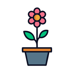 Stylized Flower in a Pot, Flat Design on a Black Background