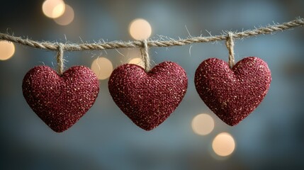 Three red hearts hang from a string, blurred lights in background