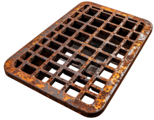 Old rusty metal grill drain isolated on transparent background