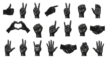 Expressive black hand gestures collection displaying diverse communication and emotion for creative projects