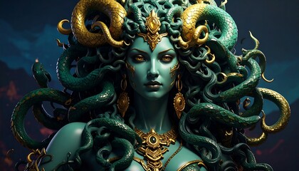Fototapeta premium Medusa's Gaze: Emerald Skin, Golden Serpents, and Ancient Power in a Dark Fantasy Portrait