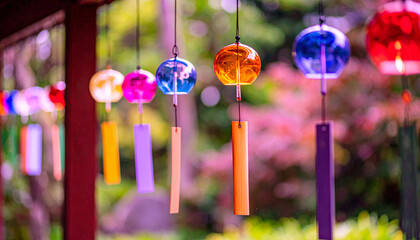  Rows of colorful glass wind chimes hanging under soft summer sunlight, creating a serene and festive Japanese seasonal mood.