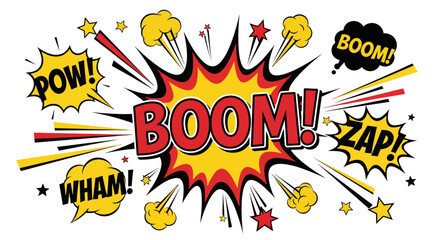 Dynamic comic book explosion with bold BOOM! and action words for vibrant design projects © Muflif
