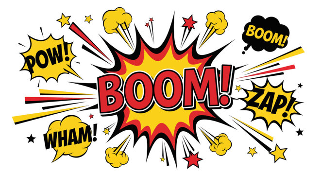 Dynamic comic book explosion with bold BOOM! and action words for vibrant design projects - Powered by Adobe