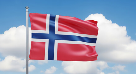 Waving Norwegian Flag Against a Bright Blue Sky with Clouds
