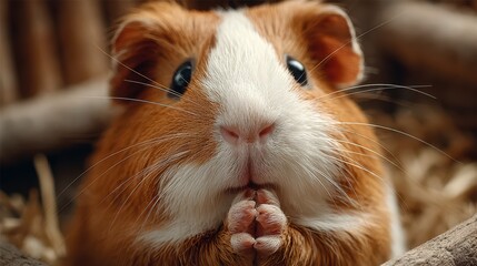 Cute guinea pig with folded paws resting in cozy bedding at home during daylight hours