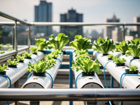 Urban Hydroponic Garden on Rooftop with Fresh Green Lettuce Plants